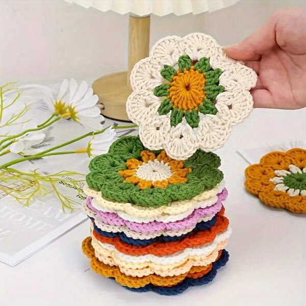 3pcs Handmade Crochet Flower Coasters, Decorative Fabric Heat Insulation Mats With Vibrant Floral Design, Small Table Mat Is Used To Protect The Table, Perfect For Kitchen Or Dining Room Decor, Kitchen Accessories | Floral Coasters | Fabric Coasters