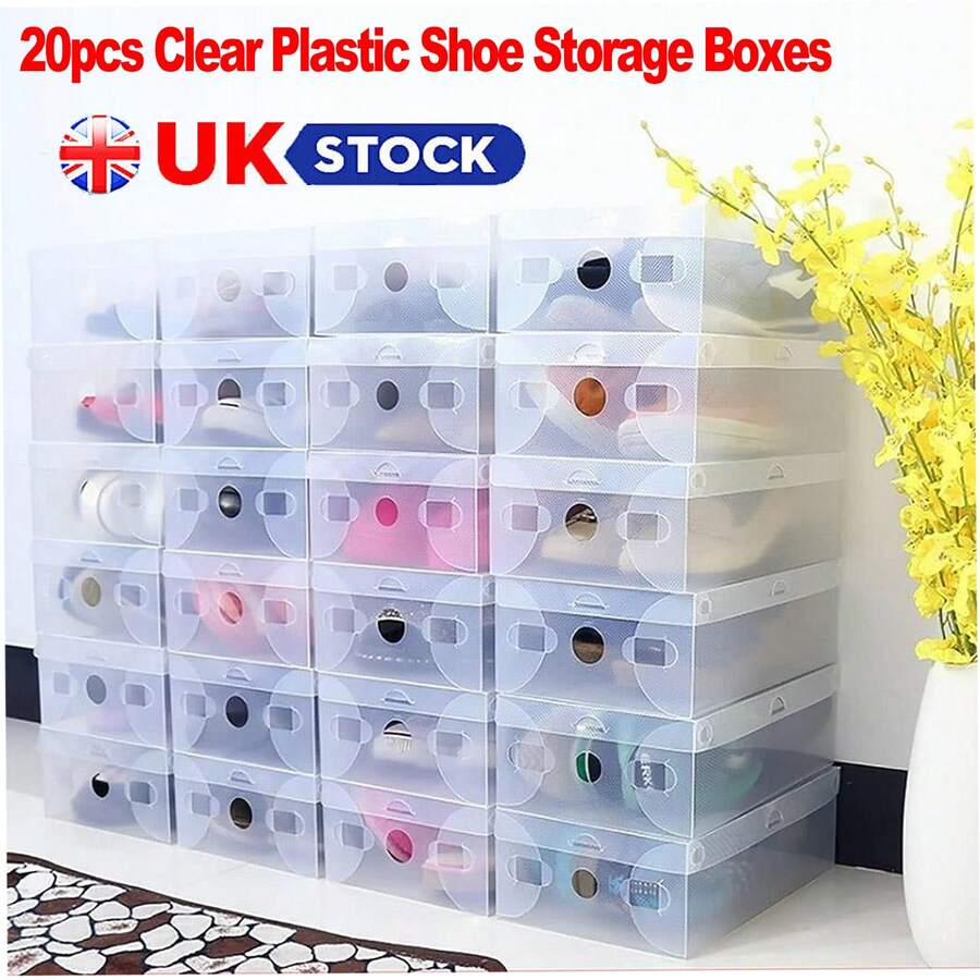 20X Clear Plastic Shoe Storage Boxes Drawer Stackable Foldable Organiser Durable - Clear - View 1