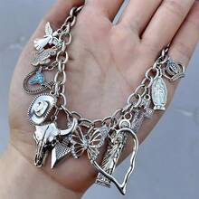 1pc Women Fashion Multi-Element Beaded Bracelet With Western Cowboy, Turquoise, Crown, Butterfly, Cross, Faux Pearl Charms - Antique Silver - View 1