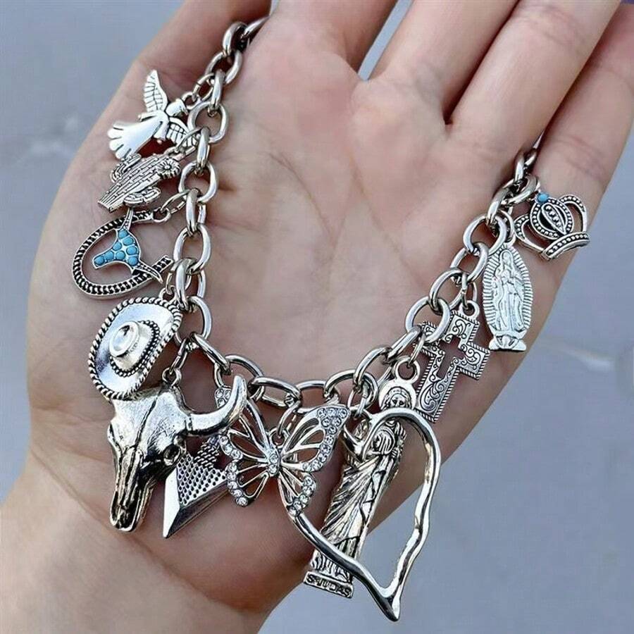 1pc Women Fashion Multi-Element Beaded Bracelet With Western Cowboy, Turquoise, Crown, Butterfly, Cross, Faux Pearl Charms - Antique Silver - View 1