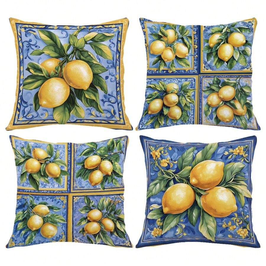 4pcs Retro Watercolor Lemon Pattern Decorative Throw Pillow Covers [Without Pillow Inner], 17.7*17.7in (45*45cm), [Single-Sided Print] Farmhouse Style Polyester Cushion Covers For Sofa, Bed, Living Room, Bedroom, Car, Office, Hotel Decoration, Suitable For All Seasons, Perfect Gift For Family And Friends