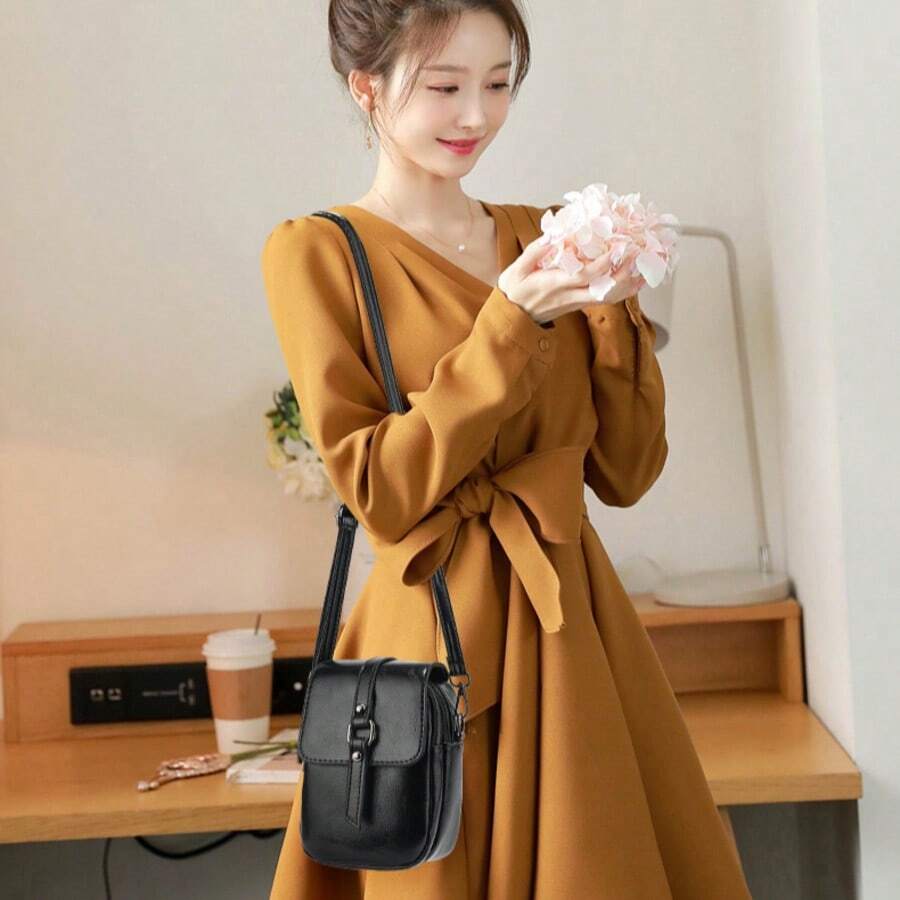 Torebka damska na ramię w stylu vintage na telefon - Elegancka, z wieloma kieszeniami, regulowanym paskiem na ramię, zapięciem na suwak, dostępna w kolorze khaki, fioletowo-czerwonym, czarnym, codzienna torebka na ramię | Elegancka mini torebka | Teksturowana powierzchnia, torebka na ramię - Wielokolorowe - Zobacz 1