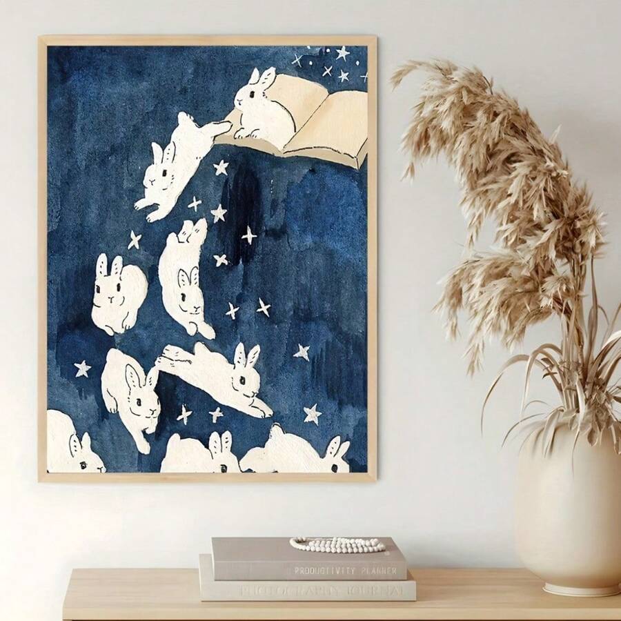 独特的异想天开的兔子跳跃海报艺术印刷品，以顽皮的兔子从一本打开的书上跳下来为特色，非常适合家庭、办公室或咖啡馆装饰可选框架 - 彩色 - 查看 1