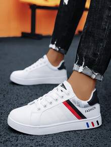 Plus Size Men's Low-Top Sneakers, White Casual Shoes, Korean Flat Leather Shoes For Young ,Gym 2000s Style - White - View 10