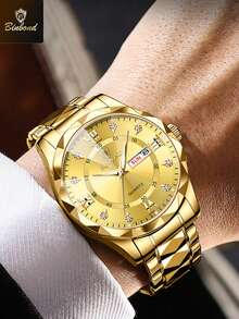 BINBOND 2 件情侣石英表罗马数字时尚不锈钢防水男士腕表女士情侣手表情人节礼物 - 金色 - 查看 3