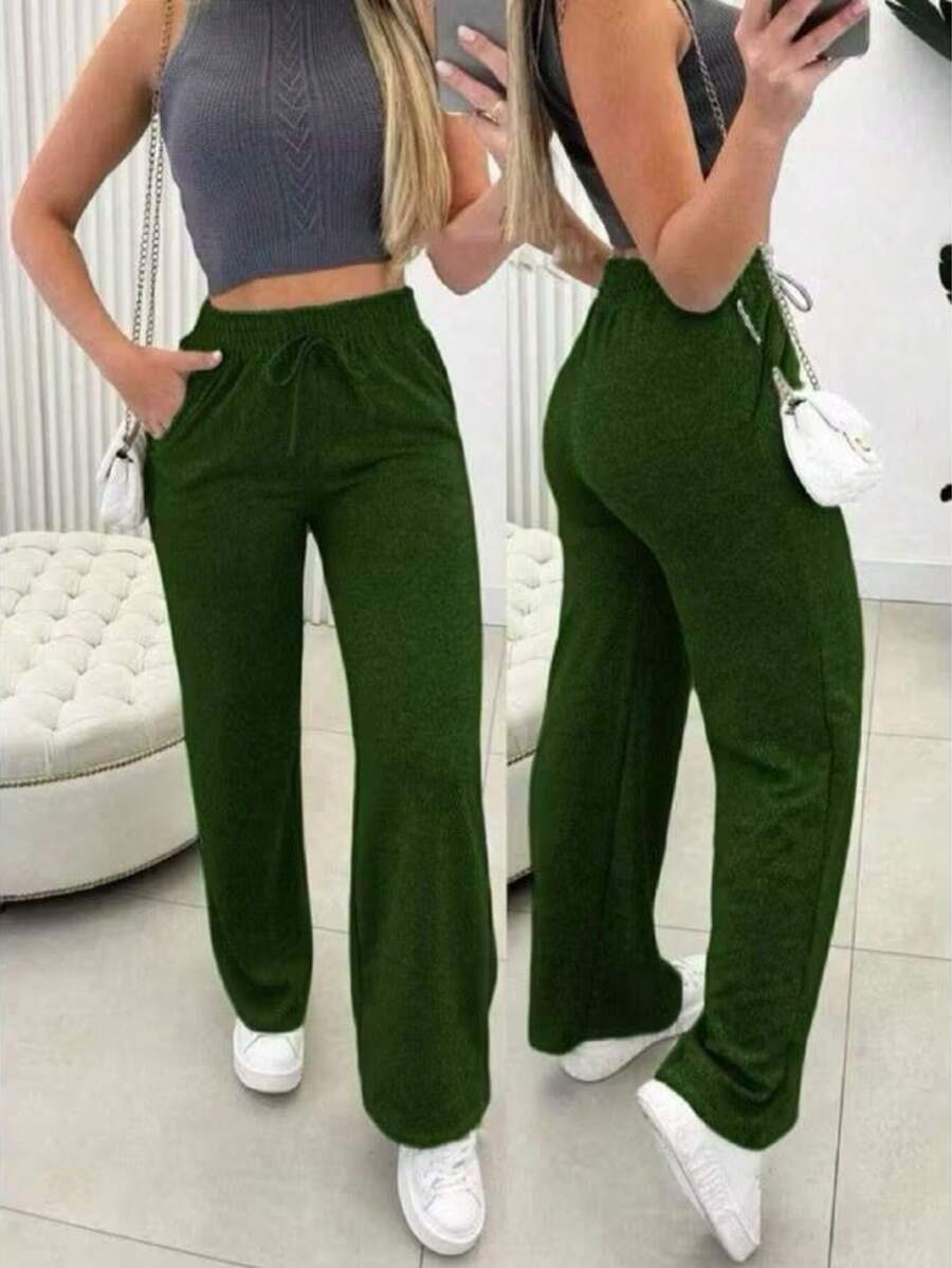 Women's Cold Weather Wide Leg Pants, Winter Fashion 2025 - Army Green - View 1