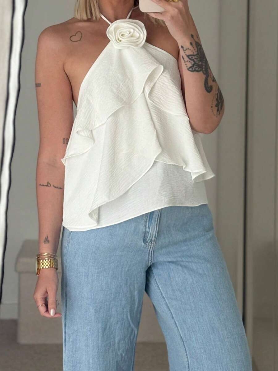 Women Tank Tops Solid Color 3D Flower Ruffles Tie-Up Halter Neck Casual Vests Summer Backless Sleeveless Tops Streetwear - 白色 - 查看 1