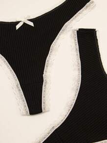 5 pezzi Perizoma sexy da donna in pizzo con fiocco, texture nera carino