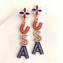 1Pair American Flag Color USA Letter Rhinestone Rice Bead Heart Shape Drop Earrings, Women's Independence Day Party Gift Earrings Pendant