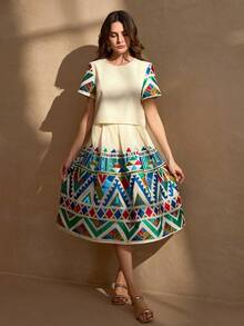 Elegant Charming Cute Jacquard Fabric Two Pieces Set, Ethnical Style Lightweight Luxury Sleeveless Top And Pleated Skirt - Multicolor - View 9