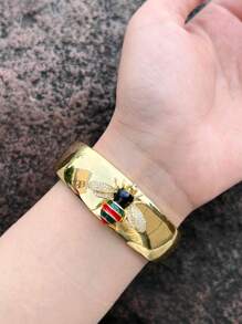 1pc Retro Bee Insect Zirconia Crystal Embellished Bronze Plated Gold Open Cuff Bracelet, Suitable For Women Daily & Party Wear