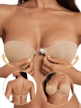 女士前扣无肩带文胸，带肩带，钢圈低胸聚拢文胸，适合小胸女性