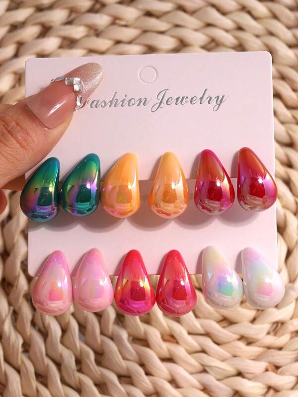 6-12pcs/Set Classic Fashion Multi-Color Teardrop Wide Hoop Earrings, Suitable For Ladies Dates, Vacations, Daily Wear And Jewelry Gifts