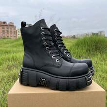 Retro Combat Boots For Women And Men Thick Sole With Zipper Soft Leather Metal Decoration Punk Style Unisex Ankle Boots - 黑色 - 查看 3