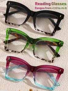 LiMiaoMiao 3/4pcs  Cat  Eye    PC    Reading Glasses For Women And Men Suitable For All Seasons  Leopard Print Black, Green, Purple, Fashionable Computer Reading, Clear Magnification+1.0 To+4.0 Presbyopia Glasses - 4pcs(Black+Green+Purple+Brown) - 查看 4