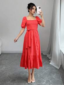 Vestido Largo Elegante para Mujer de Primavera-Verano - Look Fresco y Femenino para Vacaciones y Días Casual - Rojo - Ver 3