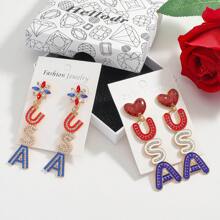 1Pair American Flag Color USA Letter Rhinestone Rice Bead Heart Shape Drop Earrings, Women's Independence Day Party Gift Earrings Pendant