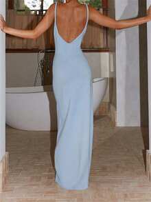 Women's Twisted Straps Bodycon Long Maxi Dress Women Sleeveless Dress Summer Solid Color Twisted Straps V-Neck Backless Party Dress For Vacation Beach Streetwear - Màu xanh lam - Xem 5