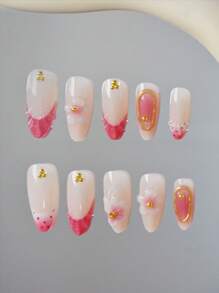 Una caja de 24 uñas medianas de almendra, con flores 3D rosas y detalles degradados en oro rosa, exudando un ambiente dulce y elegante. Conjunto de uñas postizas con lima de uñas y pegamento de gelatina, perfecto para todas las mujeres, ideal para uso diario, fiestas y ocasiones especiales, agregando un toque de suave a tus dedos.