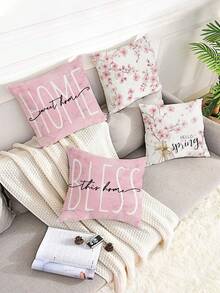 4pcs Contemporary Floral Velvet Throw Pillow Covers, Soft Cosy, One Sided Printing, Pink White, Polyester 100%, Machine Washable, Zipper Closure, For Summer Living Room, Bedroom, Sofa, Bed Decor - Pink - View 6