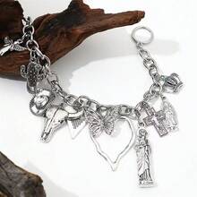 1pc Women Fashion Multi-Element Beaded Bracelet With Western Cowboy, Turquoise, Crown, Butterfly, Cross, Faux Pearl Charms - Antique Silver - View 10