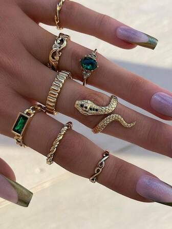 European And American Ins Style Faux Gemstone Ring For Women, High-end Ocean Wave Geometric Setting Rhinestone Ring For Index Finger, Open Snake Ring Set For Women (8pcs)