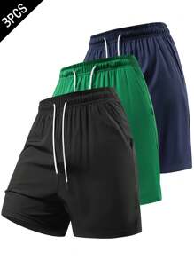 3 pezzi/confezione Pantaloncini da uomo con vita con coulisse, tinta unita, leggeri ad asciugatura rapida, adatti per uso quotidiano, escursionismo, corsa, esercizi estivi