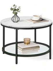 Coffee Table, Living Room Table, Sofa Cocktail Table Faux Marble Round, Tempered Glass Storage Shelf, Easy To Assemble, Modern Style, For Living Room, Marble White And Ink Black - White - View 6
