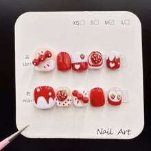Kids Handmade Strawberry Nail Art Stickers, Hand-Painted Cute Cartoon Nail Strips, Short Style For Kids, S/M/L Size