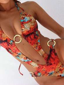 女士连体泳衣，全身印花，圆形镂空，性感时尚，适合海滩和度假村