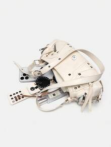 New Spring/Summer Motorcycle Bag, Y2K Girl Large Capacity Multi-Function Handbag, Rivet Shoulder Bag, Crossbody Bag, Underarm Bag With Unique Design, Fashionable Niche Deep Beige, New Ladies Handbag - Beige - View 9