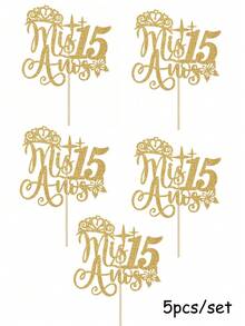 15th Birthday Cake Topper, "Happy 15th", 15th Birthday Party Decor - Gold Glitter, Back To School Valentine's Day - Multicolor - View 17