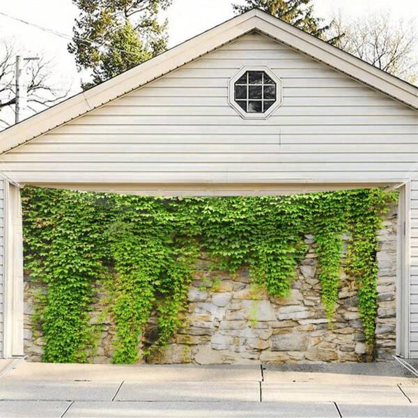 1pc Polyester Garage Door Decor, Climbing Evergreen Ivy Plant Wall Banner, Outdoor Stone Wall Hanging Tapestry, Floral Theme, No Power Or Battery Required, Includes Hanging Strap