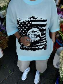 ANDREILEE Casual Loose Fit Crew Neck Short Sleeve Top With Eagle & American Flag Jacquard Pattern, Streetwear Style For Men And Women, Spring/Summer - Blue - View 1