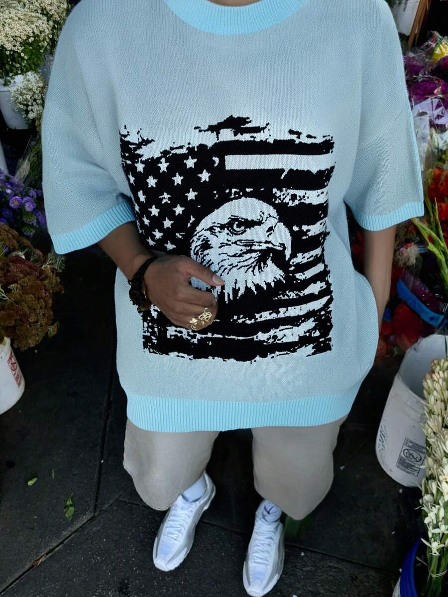 ANDREILEE Casual Loose Fit Crew Neck Short Sleeve Top With Eagle & American Flag Jacquard Pattern, Streetwear Style For Men And Women, Spring/Summer - Blue - View 1