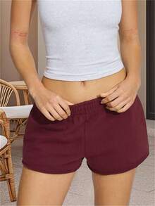 Pantalones cortos de yoga casuales de verano para mujer, color liso, cintura elástica, estilo jogger holgado. - Rojo - Ver 3