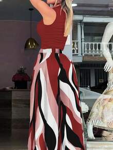 女士休闲度假风罗纹针织高领毛衣（波浪纹）搭配阔腿梭织裤两件套