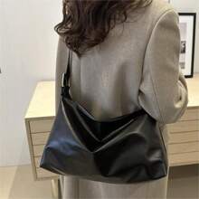 Black Minimalist Leather Shoulder Bag, Large Capacity