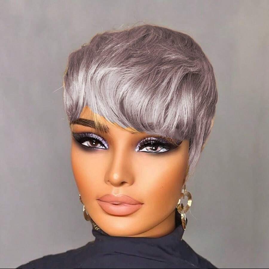 6英寸150%密度灰色短直发分层真人发假发，巴西雷米发，无需胶水，适合女性佩戴，适合派对和母亲节佩戴 - 灰色 - 查看 1