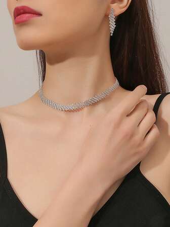 2 件套奢华水钻项链套装，时尚珠宝配饰，适合新娘婚纱、礼服