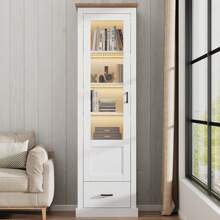 okwish Vitrina, aparador, aparador alto, mueble auxiliar, mueble de almacenaje, con mando a distancia de 16 colores y cajón y 5 compartimentos, vitrina alta de cristal, color blanco
