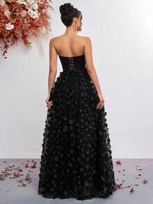 ADYCE Strapless High-Waisted Gauze Hem With Appliques Slit Lace-Up Floor-Length Party Dress For Prom Birthday Party Evening Date Homecoming Party Wedding Guest Formal Dinner Family Festival, New Year, Valentine's Day - Black - View 2