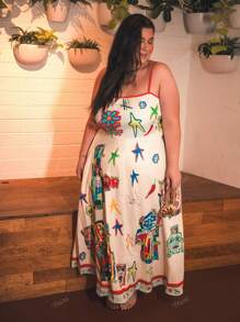 Truni Plus Size Women Digital Printed Patchwork Dress With Adjustable Straps Bohemian Style A-Line Dress For Spring And Summer