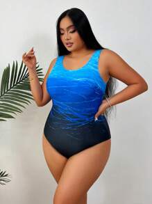 Plus Size Ombre Blue & Black One-Piece Swimsuit