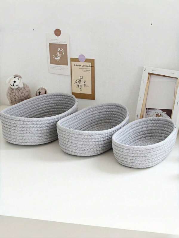 1pc/3pcs Solid Color Desktop Storage Basket ,Rope Woven Baskets For Organizing,Woven Oval Basket Organizer Container,Decorative Desktop Storage Basket ,Cute Mini Tiny Baskets For Cosmetic,Sundries,Stationery,Bathroom Organization Bin(3pcs=S+M+L)