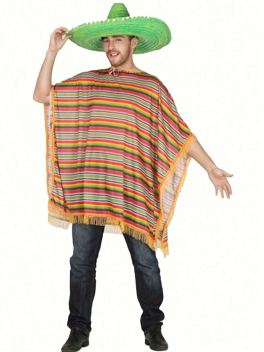 1 pieza Poncho mexicano multicolor a rayas con decoración de flecos, para carnaval, festival, actuación en el escenario, disfraz de fiesta de Halloween