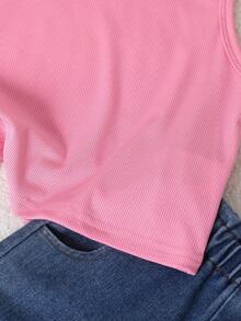 1pc Girls Casual Solid Ribbed Knit Camisole Top, Pink - Pink - View 5
