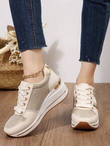 Preppy Casual Glitter Outdoor Wedge Sneakers - Gold - View 7