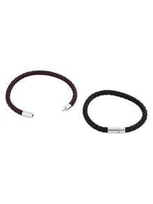 2 件简约皮革编织磁扣手链，复古合金男士珠宝，适合日常佩戴，也适合送给朋友和家人 - 彩色 - 查看 3