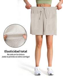 Shorts casuales de verano para mujeres, con bolsillos y cordón, Bermuda shorts de lino y shorts básicos de lino de unicolor sueltos de longitud hasta la rodilla,Ropa de ocio de moda - Caqui - Ver 9